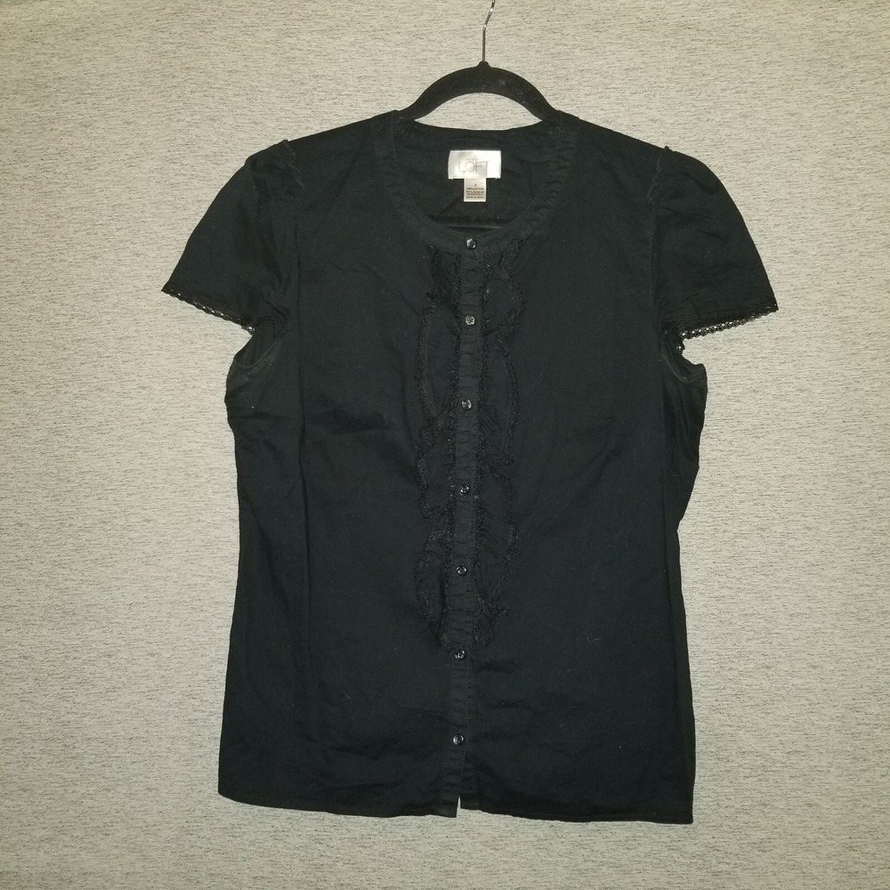 Ann Taylor Loft Juniors Black Button Down Blouse Size 8 Lace Ruffles Cap Sleeves